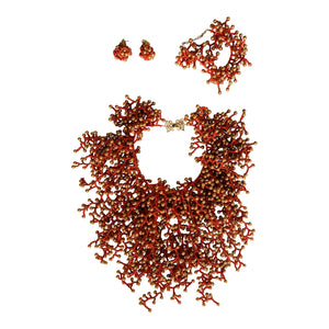 coral style African necklace set with bracelet and earrings, red,