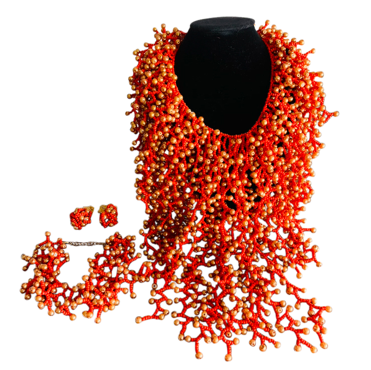 coral style African necklace set with bracelet and earrings, red,